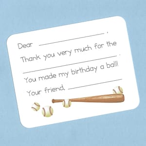 Baseball Thank You Cards - (set of 10) Fill in the Blank Card, Kid Baseball Party Card, Baseball Birthday Thank You, Flat Baseball Note Card