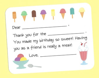 Ice Cream Thank You Cards - Fill in the Blanks Cards, Summer Birthday Thank You Notes, Ice Cream Party Cards, Frozen Treats Thank You Notes