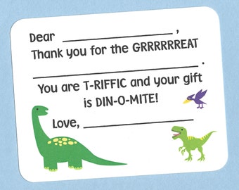 Dinosaur Thank You Cards - (set of 10) Fill in the Blanks Cards, Dinosaur Thank Yous, Dinosaur Thank You Notes, Dinosaur Birthday Thank Yous