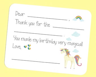 Unicorn Thank You Cards - (set of 10) Fill in the Blank Card, Girls Unicorn Thank You Notes, Unicorn Thank You Card, Unicorn Party Thank You