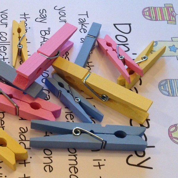 Hand Painted Wood Clothespins - Blue, Pink & Yellow Clothes Pins, Clothesline Shower Games, Easy Baby Shower Games, Favors and  Craft Supply
