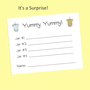 Yummy, Yummy Baby Food Shower Game Guess the Baby Food Games, Baby Food Tasting Shower Game, Fun and Easy Shower Games, Cheap Shower Games It's a Surprise