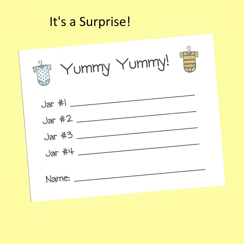 Yummy, Yummy Baby Food Shower Game Guess the Baby Food Games, Baby Food Tasting Shower Game, Fun and Easy Shower Games, Cheap Shower Games It's a Surprise