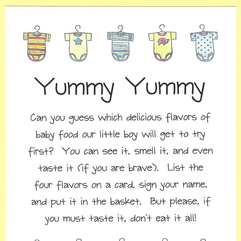 Yummy, Yummy Baby Food Shower Game Guess the Baby Food Games, Baby Food Tasting Shower Game, Fun and Easy Shower Games, Cheap Shower Games image 1