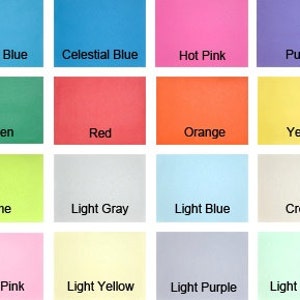 May include: A color chart with 16 different colors, including bright blue, celestial blue, hot pink, purple, green, red, orange, yellow, lime, light gray, light blue, cream, light pink, light yellow, light purple, and light green.