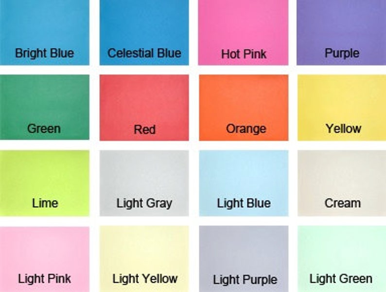 May include: A color chart with 16 different colors, including bright blue, celestial blue, hot pink, purple, green, red, orange, yellow, lime, light gray, light blue, cream, light pink, light yellow, light purple, and light green.