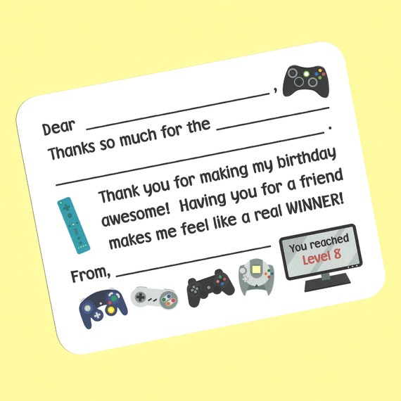 Video Game Thank You Cards - (set of 10) Fill in the Blank Card, Video Game Birthday Party Card, Video Game Thank You Note, Video Gamer Card