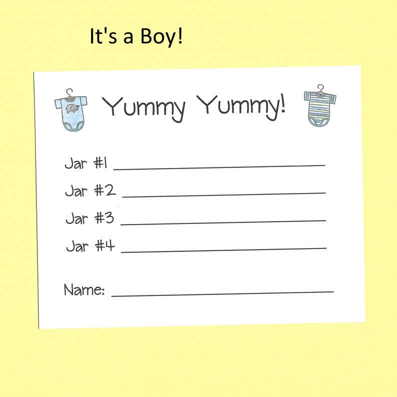 Yummy, Yummy Baby Food Shower Game Guess the Baby Food Games, Baby Food Tasting Shower Game, Fun and Easy Shower Games, Cheap Shower Games It's a Boy