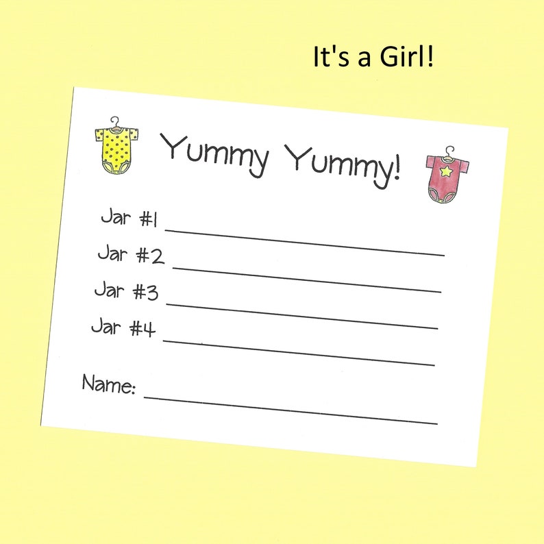 Yummy, Yummy Baby Food Shower Game Guess the Baby Food Games, Baby Food Tasting Shower Game, Fun and Easy Shower Games, Cheap Shower Games It's a Girl