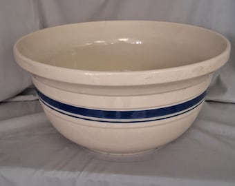 Vintage Roseville Ohio Friendship Pottery Stoneware Mixing Bowl 8 Qt Blue Stripe USA