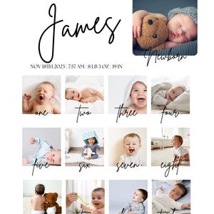 May include: A twelve-month baby photo collage featuring a newborn and monthly photos of a baby boy named James.  The collage includes the baby's birthdate, time, weight, and length.  Each monthly photo is labeled with the corresponding month. The color scheme is predominantly white and black with subtle gray tones.