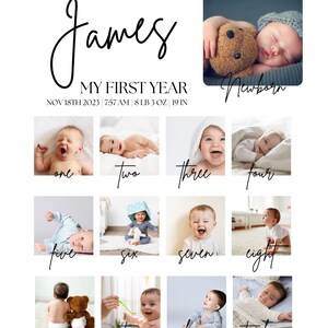 May include: A baby's first year photo collage features twelve monthly photos, a newborn photo, and text.  The name 'James' is prominently displayed in a stylish script font.  The collage includes the baby's birthdate, time, weight, and length. Each monthly photo is labeled with the corresponding month number. The color scheme is predominantly white and black, with the photos providing color accents. The overall design is clean and modern, suitable for a baby's first-year memory keepsake.
