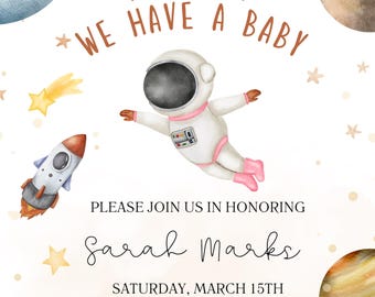 Houston We Have a Baby Baby Shower Invitation | 4x6 Editable, Printable Template | Space Theme Baby Shower |Watercolor Planets Galaxy Invite