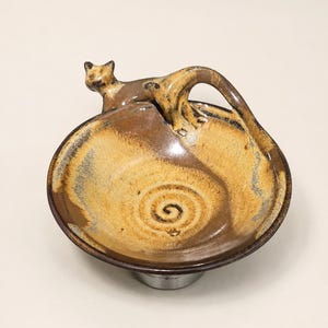 Studio Art Pottery Cat Bowl Signed Lisa | Wheel Thrown Ceramic Sculpture, Ring Dish