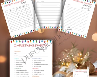 May include: A printable Christmas party checklist with sections for event details, invitations, food and drinks, party supplies, venue and description, entertainment, and miscellaneous. The checklist is decorated with colorful Christmas lights.