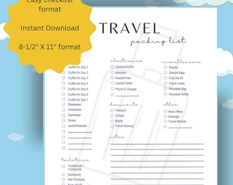 May include: A printable travel packing list checklist in a light blue and white color scheme. The checklist is titled "TRAVEL packing list" and includes categories for electronics, documents, toiletries, miscellaneous, and other. The checklist is formatted for an 8.5 x 11 inch sheet of paper.