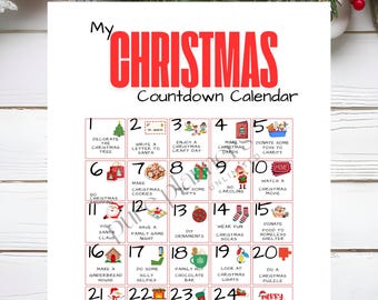 May include: A printable Christmas countdown calendar with 24 numbered squares, each containing a festive activity to do each day leading up to Christmas. The calendar features illustrations of Christmas trees, presents, Santa Claus, and other holiday symbols.