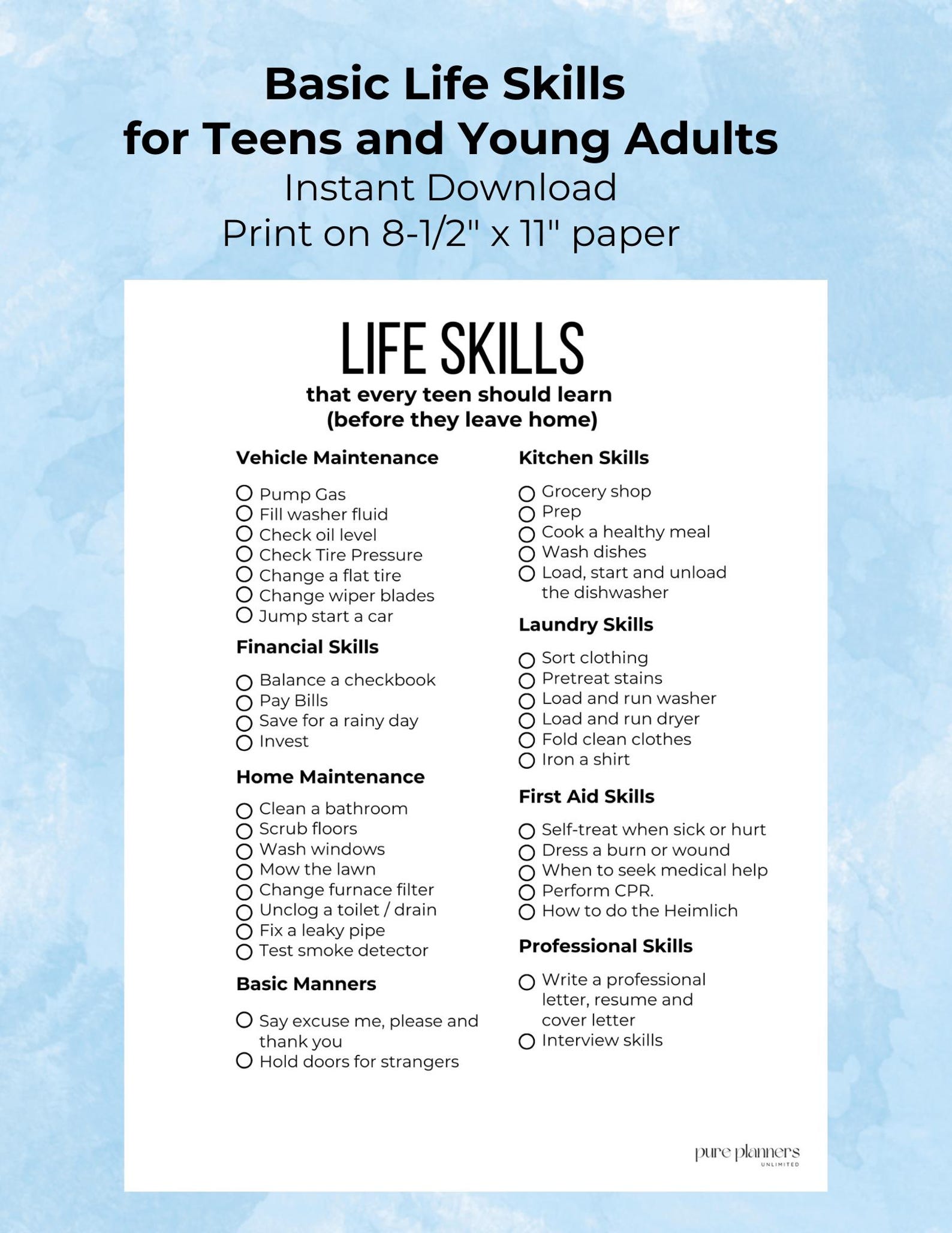 Life Skills for Teens Checklist, Essential Skills for Teens, Practical ...