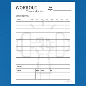 Puede incluir: Un rastreador de entrenamiento imprimible en blanco y negro con secciones para ejercicios de levantamiento de pesas y cardio. La sección de levantamiento de pesas tiene columnas para ejercicio, peso, repeticiones y notas. La sección de cardio tiene columnas para ejercicio, minutos, intensidad y notas.
