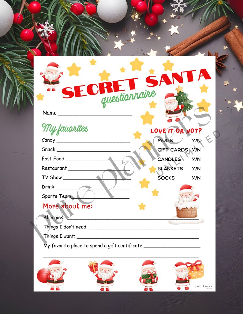 Secret Santa Questionnaire, Gift Exchange Printable, Secret Santa Form ...