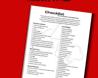 Puede incluir: Una lista de verificación imprimible para prepararse para emergencias climáticas. La lista de verificación está dividida en categorías como Alimentos, Agua, Saneamiento, Suministros de primeros auxilios, Electrónica y herramientas, Documentos importantes, etc. La lista de verificación está diseñada para imprimirse en papel de 21,6 x 27,9 cm.
