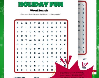 May include: A printable holiday word search puzzle with a red and green color scheme. The puzzle features the words "Candy Cane", "Jingle", "Christmas", "Santa", "Reindeer", "Stockings", "Merry", and "Present".