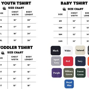 K&ouml;nnte beinhalten: Gr&ouml;&szlig;entabellen f&uuml;r T-Shirts f&uuml;r Jugendliche, Babys und Kleinkinder. Die Jugendgr&ouml;&szlig;en reichen von S (40,6 cm Brustweite, 50,8 cm K&ouml;rperl&auml;nge) bis XL (48,3 cm Brustweite, 66 cm K&ouml;rperl&auml;nge). Babygr&ouml;&szlig;en sind 6M bis 24M. Kleinkindgr&ouml;&szlig;en sind 2T bis 5T. Farboptionen werden angezeigt.