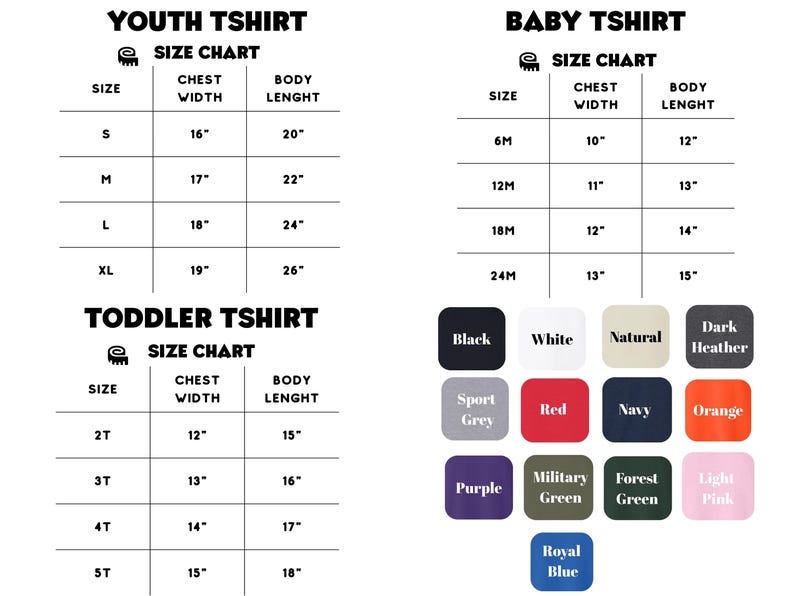 K&ouml;nnte beinhalten: Gr&ouml;&szlig;entabellen f&uuml;r T-Shirts f&uuml;r Jugendliche, Babys und Kleinkinder. Die Jugendgr&ouml;&szlig;en reichen von S (40,6 cm Brustweite, 50,8 cm K&ouml;rperl&auml;nge) bis XL (48,3 cm Brustweite, 66 cm K&ouml;rperl&auml;nge). Babygr&ouml;&szlig;en sind 6M bis 24M. Kleinkindgr&ouml;&szlig;en sind 2T bis 5T. Farboptionen werden angezeigt.