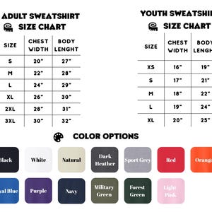 K&ouml;nnte beinhalten: Gr&ouml;&szlig;entabellen f&uuml;r Sweatshirts f&uuml;r Erwachsene und Jugendliche, die Brustweite und K&ouml;rperl&auml;nge in Zoll angeben. Farboptionen sind Schwarz, Wei&szlig;, Natur, Dunkelgrau, Sportgrau, Rot, Orange, K&ouml;nigsblau, Lila, Marine, Milit&auml;rgr&uuml;n, Waldgr&uuml;n und Hellrosa.