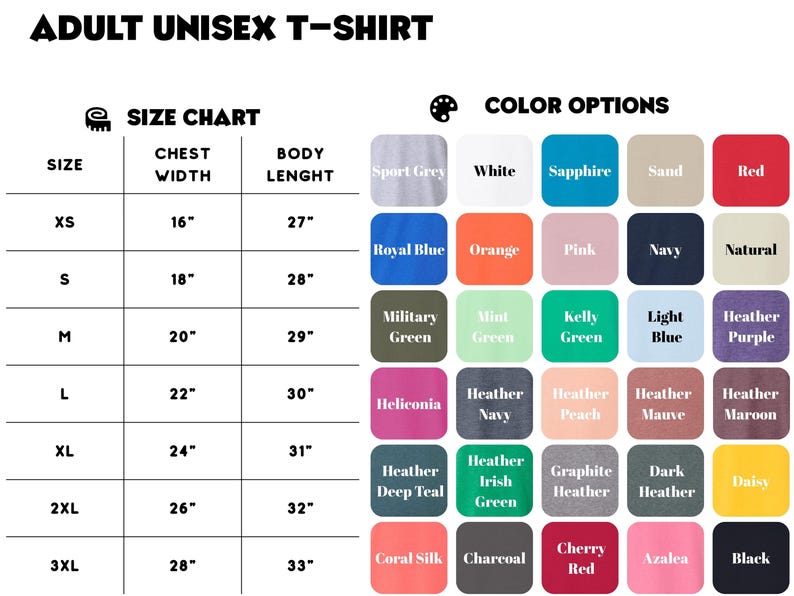 K&ouml;nnte beinhalten: Abbildung einer Gr&ouml;&szlig;entabelle und Farbauswahl f&uuml;r ein Unisex-T-Shirt f&uuml;r Erwachsene. Die Gr&ouml;&szlig;entabelle zeigt Brustweiten von 40.6 cm bis 71.1 cm und K&ouml;rperl&auml;ngen von 68.6 cm bis 83.8 cm. Farboptionen sind Sport Grey, Wei&szlig;, Saphir, Rot und mehr.