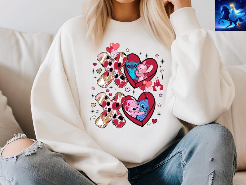 Stitch and Angel Valentine Tshirt Sweatshirt, Cute Cartoon Couple Shirt, Heart Love Graphic Shirt