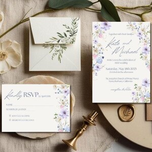 結婚式招待状編集テンプレートウェディングカードrsvp詳細結婚式ボヘミアンガーデンセレモニーパステルフラワー結婚式の招待状