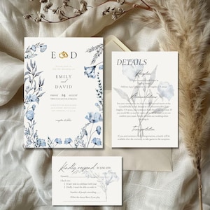 Hochzeitseinladungsvorlage, Canva-Bundle, Hochzeitseinladungskarten-Modell, blaue Wildblumen, Grün, elegantes RSVP