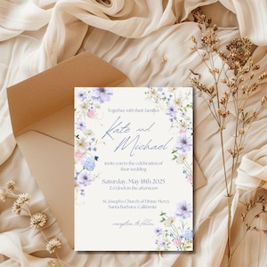 結婚式招待状テンプレートカードエレガントな紫の花紫ベビーブルーパステルカラー結婚式招待状カスタムキャンバス DIY