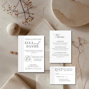Wedding Suite Design elegante e senza tempo, invito di nozze bianco e nero, modello di matrimonio minimalista modificabile in Canva