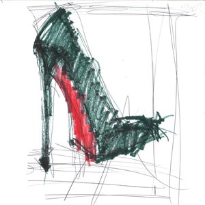 May include: A hand-drawn illustration of a high-heeled shoe with a green upper and a red heel.