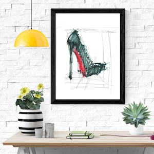 May include: A black framed illustration of a high-heeled shoe with a red sole. The shoe is drawn in a sketchy style with black lines and a red fill for the sole. The background is white with black lines.