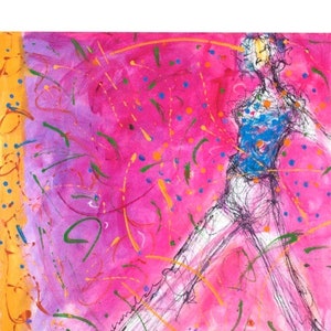 May include: A colorful abstract painting featuring a figure in white pants and a blue top, set against a pink and purple background with splashes of yellow, green, and blue.