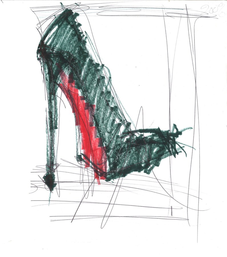 May include: A hand-drawn illustration of a high-heeled shoe with a green upper and a red heel.