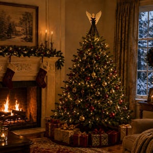 May include: A Christmas tree topper featuring a white angel with outstretched wings and a black dress, positioned at the peak of a decorated evergreen tree adorned with warm white string lights, gold and red ornaments, and wrapped gift boxes.
