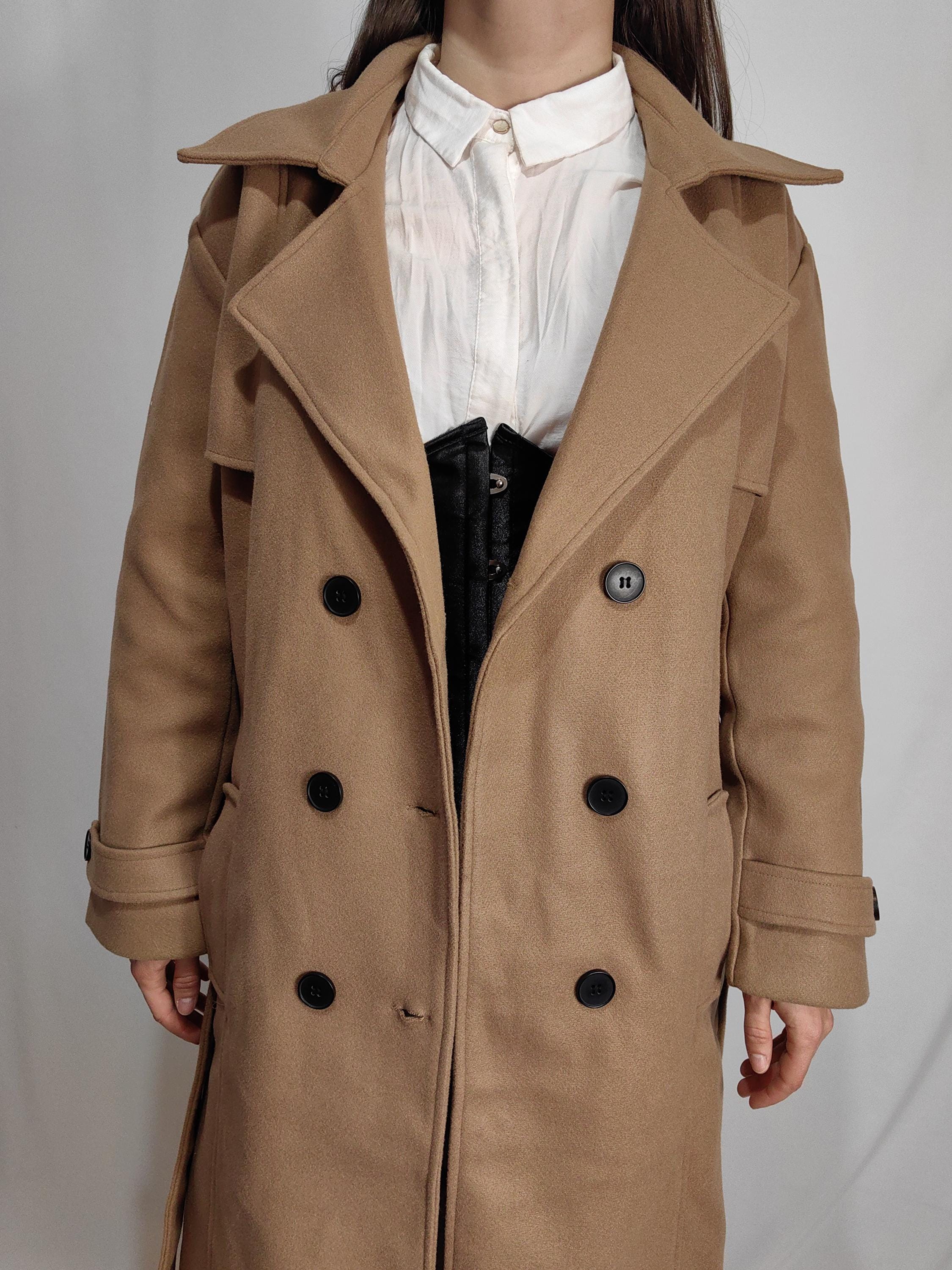 ブラウンウールコート：ロング丈ダブルブレストベルト付き冬用コート