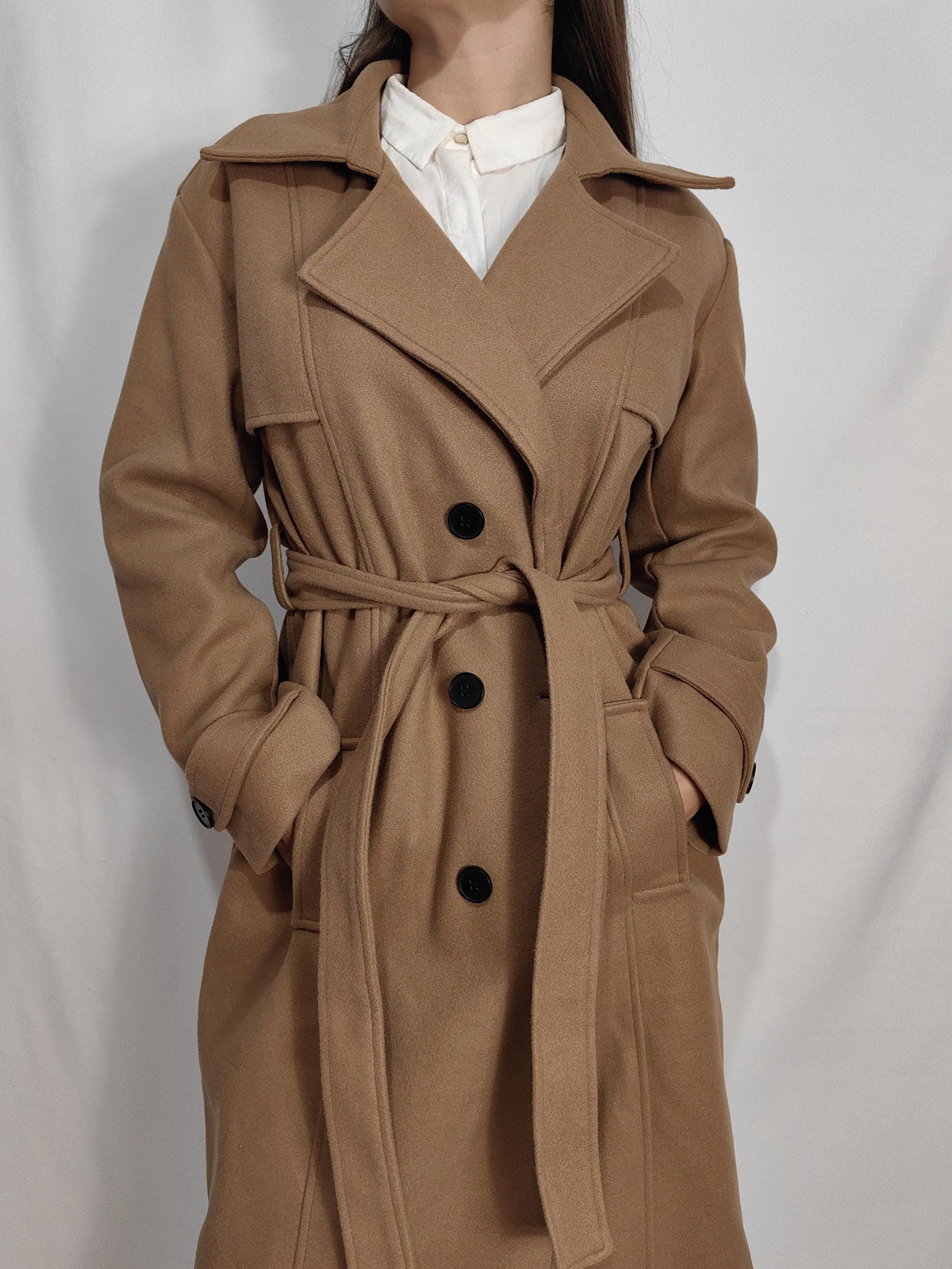 ブラウンウールコート：ロング丈ダブルブレストベルト付き冬用コート