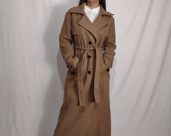 レディース冬用ダブルブレストコート ブラウンウールロングジャケット