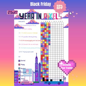 Peut inclure: Tableau de suivi esthétique "Year in Pixels" avec un design de paysage urbain. Le suivi comprend une clé des émotions et une grille pour enregistrer les événements. Le texte comprend "Black Friday" et "50% OFF".