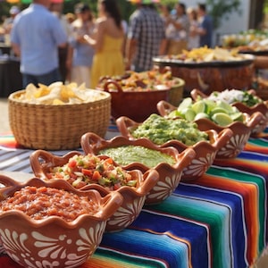 Puede incluir: Una reunión festiva al aire libre con una mesa llena de comida mexicana. Cuencos de salsa, guacamole y otros aderezos se colocan sobre una colorida serape a rayas. También hay una cesta de totopos. Banderas de papel picado de colores cuelgan encima.