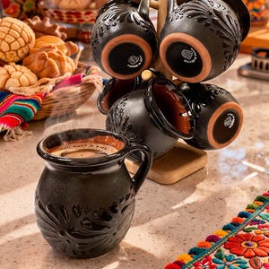 Talavera Jarritos Mug Set Of 6 With Wooden Stand | Design Flor Black Color | Lead Free | Dishwasher And Microwave Safe