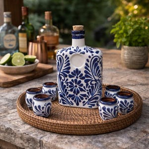 Op de afbeelding: Een witte keramische likeurfles en shotglaasjes met blauwe bloemmotieven staan op een geweven dienblad. De fles heeft een kurk en een vierkante vorm. Zes kleine shotglaasjes met bruine binnenkant omringen de fles.