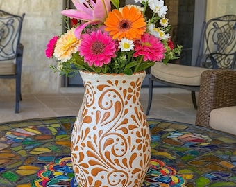 Talavera Large Flower Vase 9x5” Lead Free – White and Terracotta