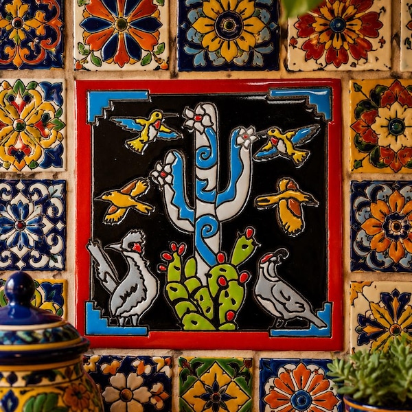 Talavera Cactus & Birds Decorative Ceramic Tile – Handcrafted Mexican Wall Art – 6” x 6”