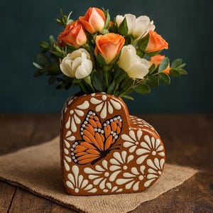 Puede incluir: Un jarrón de cerámica marrón en forma de corazón con un diseño de mariposa y detalles florales blancos. Contiene un ramo de rosas naranjas y blancas con follaje verde. El jarrón está sobre una superficie de arpillera.